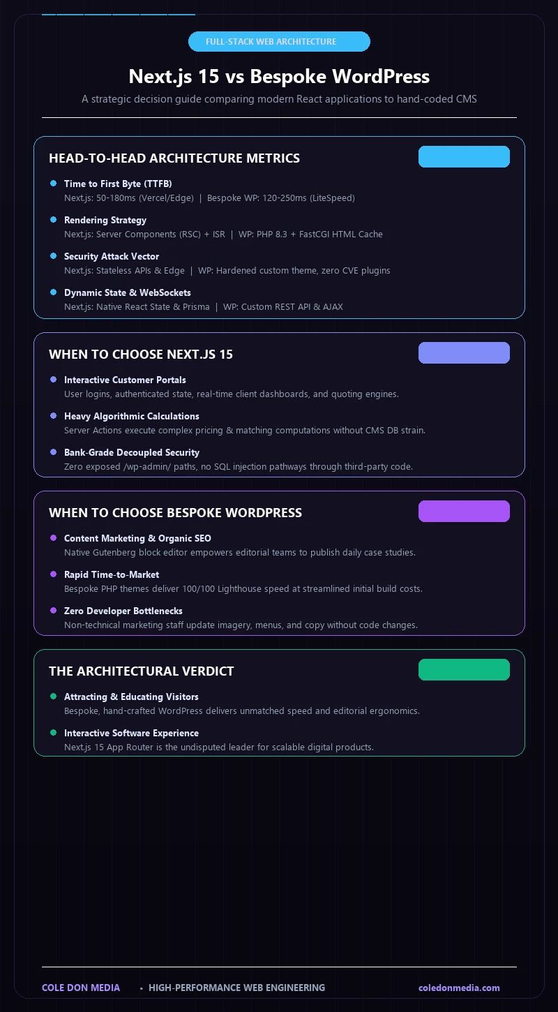 Vertical architecture comparison infographic comparing Next.js 15 App Router and bespoke WordPress performance metrics