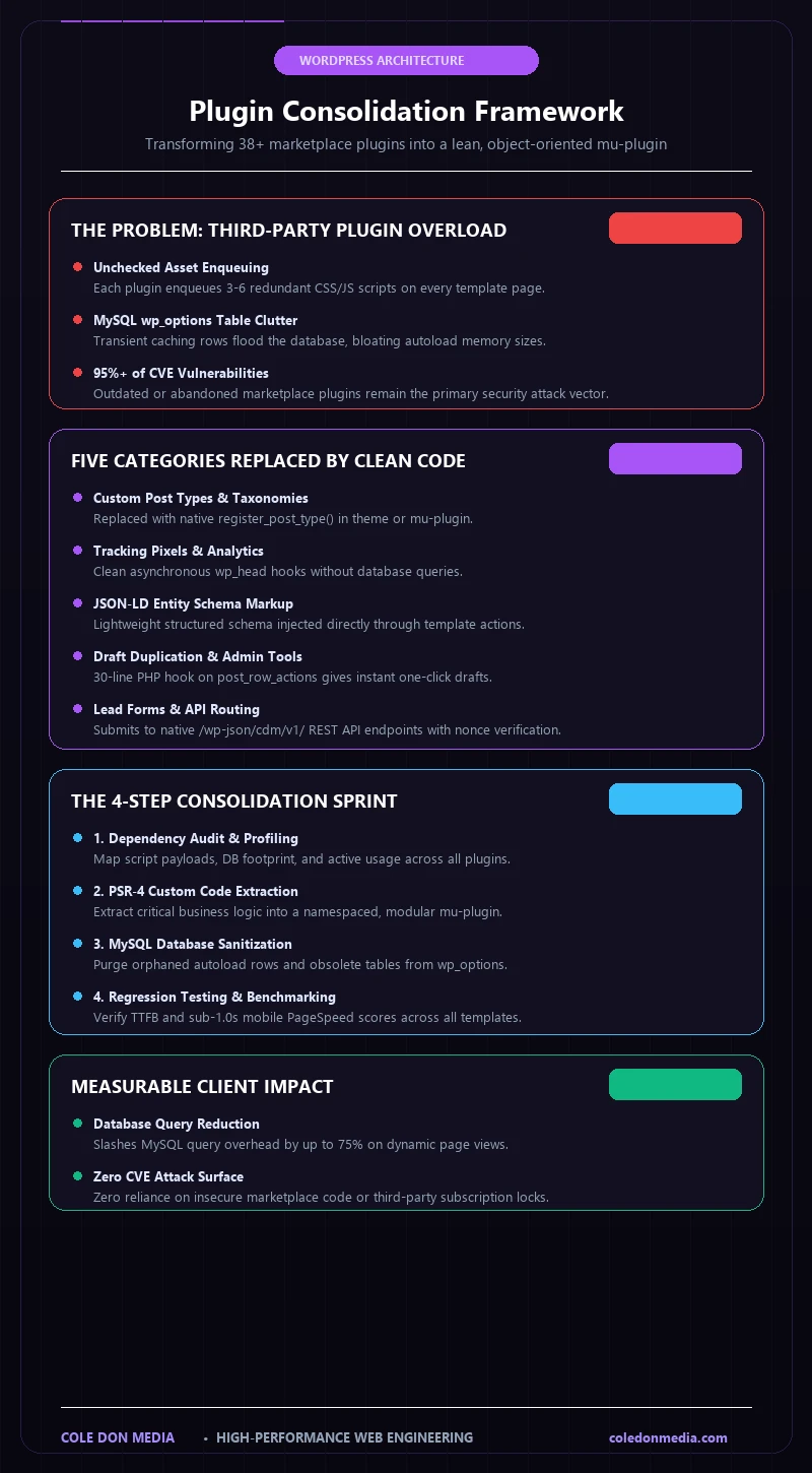 Vertical technical infographic outlining the WordPress plugin consolidation framework and code refactoring steps