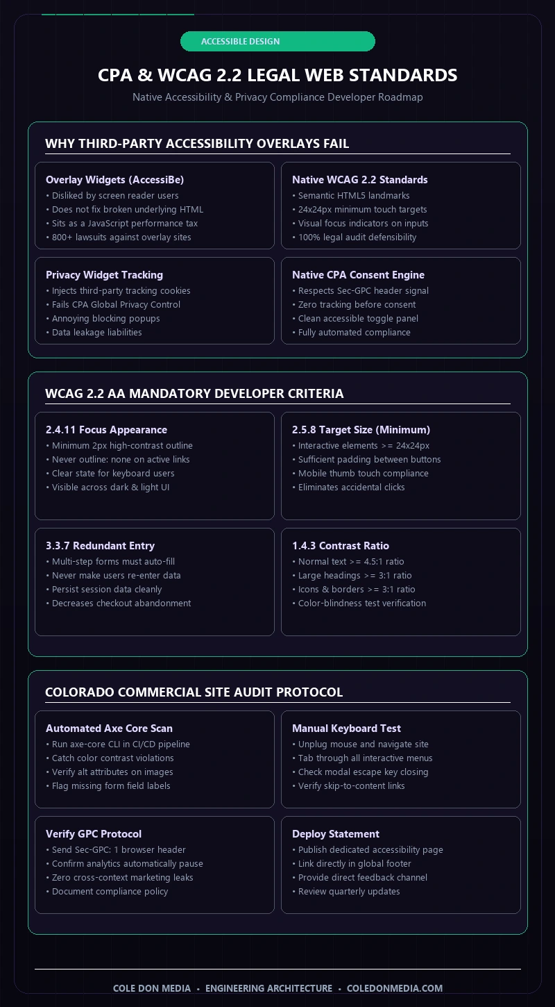 Vertical infographic showing why third-party overlays fail, WCAG 2.2 AA developer criteria, and Colorado audit checklist