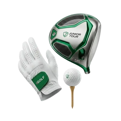 Studio product photograph of forged titanium golf driver head, tour golf ball on tee, and leather golf glove on transparent background for golf academy web design and branding