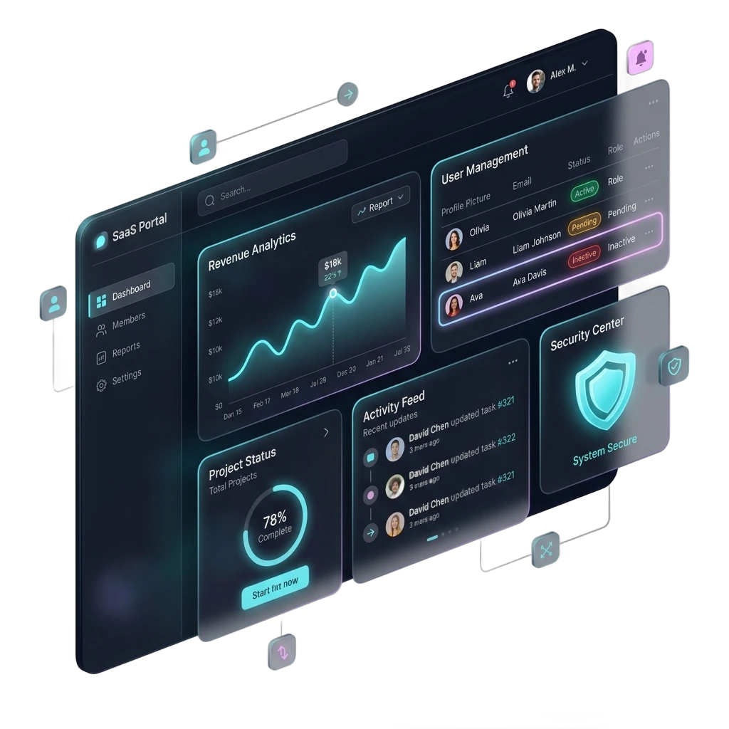 3D isometric dark mode SaaS member portal interface with real-time revenue analytics