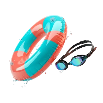 Studio turquoise and coral swim ring floatie and mirrored competition swim goggles with water droplets on transparent background