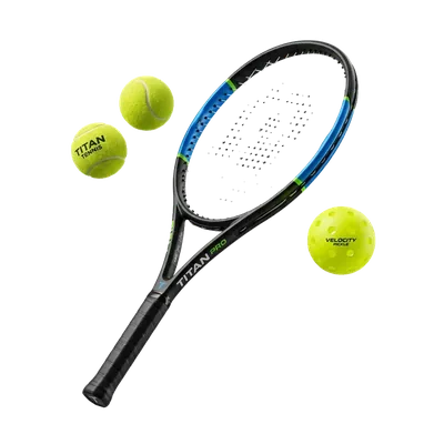 Studio product photograph of carbon-fiber tennis racquet, optic-yellow tennis balls, and pickleball on transparent background for tennis academy web design and branding