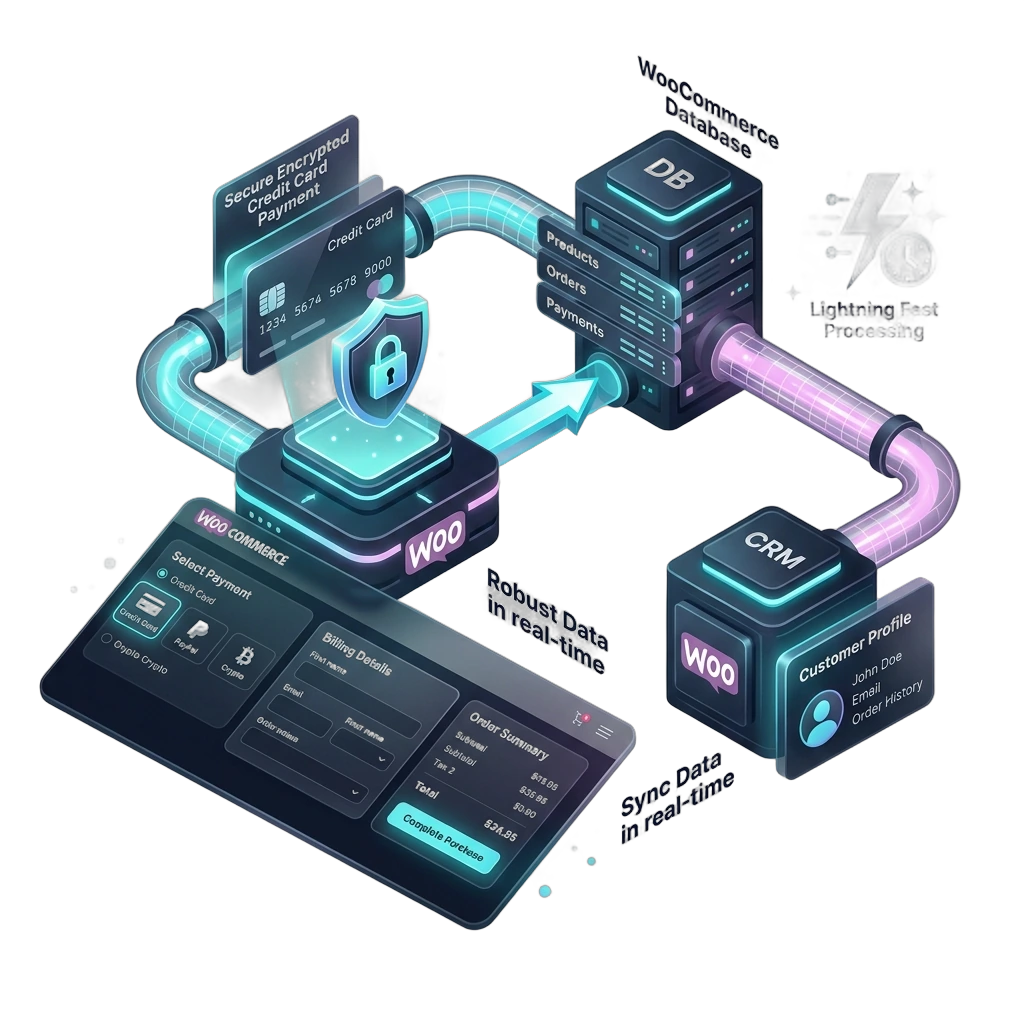 3D isometric WooCommerce checkout gateway, encrypted database, and automated CRM sync pipeline