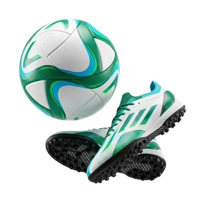 Studio pro match soccer ball and carbon-plate turf cleats floating on transparent background for youth soccer club web design and branding
